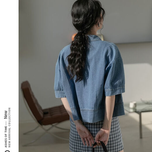 简方位牛仔衬衫2022夏装短款上衣复古港味气质百搭矮个子短袖外套女新款 869牛仔蓝 均码  S75-85斤