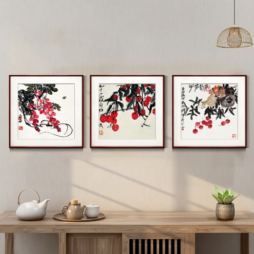 Zi Teng Suixuan Qi Baishi decorative painting new Chinese style living room background wall hanging painting bedroom dining room restaurant ink shrimp mural good luck 50*50cm mahogany color solid wood frame