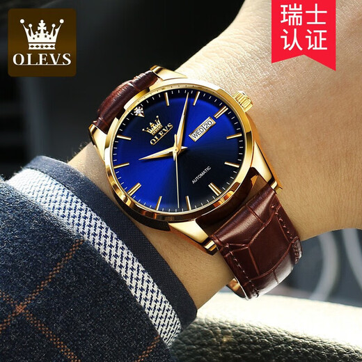 Olevs Swiss Certified Brand Watch Men's Mechanical Watch entièrement automatique Automatique Imperpose haut de gamme HEATS MENSE CADEAU chinois de la Saint-Valentin pour le petit ami Amélioration de la version améliorée-6629 Brown Leather Full Gold Blue Face Men