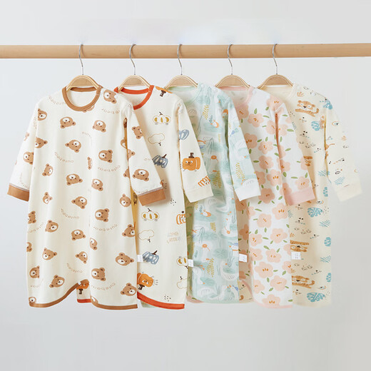 Cool rice baby nightgown anti-kick spring and autumn boys and girls pajamas jumpsuit pure cotton long-sleeved autumn baby nightgown home clothes milk tea bear 73cm