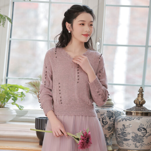 Firework perm artistic temperament sweater for women spring 2024 new small knitted sweater ZG Chu Qi gray pink M (recommended 110-125 Jin [Jin equals 0.5 kg])