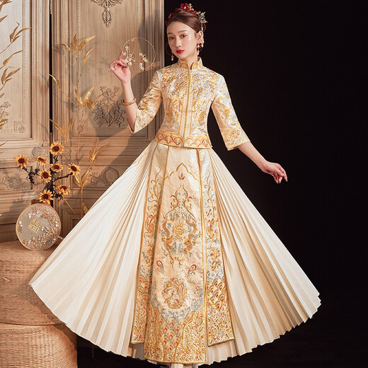 ZEIMSSMM Xiuhe Wedding Bridal 2024 New Wedding Dress Ancient Wedding Dress Cheongsam Photo Studio Same Style Chinese Wedding Dress 147 Gold No Diamond Style L