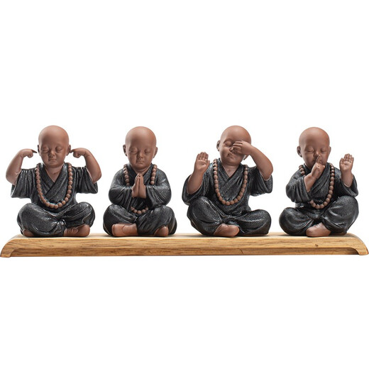 Jiuzao Chinese-style high-quality purple sand little novice tea pet ornaments Four Little Monks Zen desktop character decorations Can grow tea table ornaments Tea set accessories Tea play tea ceremony accessories Black pottery Four Little Monks set + base/ZSH