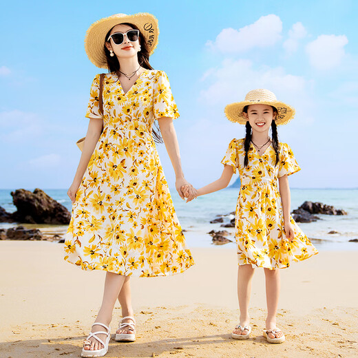 BUBBLE ORANGE Beach vacation parent-child outfit mother-daughter summer family outfit beach yellow dress suit for a family of three men's suit (T-shirt + shorts)/female dress Mom XL size (recommended weight 115-125 Jin Jin equals 0.5 kg)