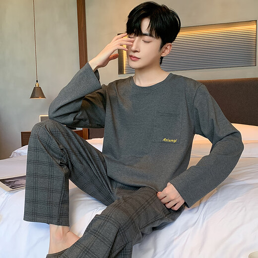 Men's pajamas for men in spring, autumn and winter, long-sleeved casual loose plus fat plus large size simple round neck to wear home clothes outside YEX9906 2XL (recommended 150-175 Jin [Jin equals 0.5 kg]) All size