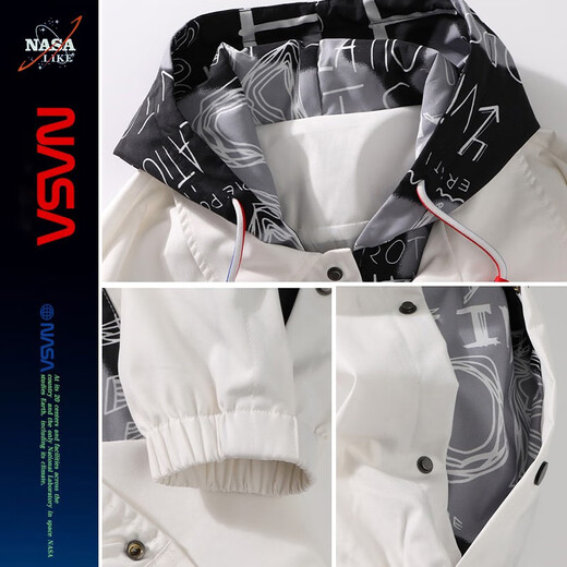 NASA LIKE官方潮牌美式假两件外套男春秋季涂鸦夹克情侣棒球服工装冲锋上衣 白色 XL