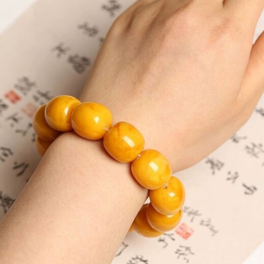 Shi Yuji, with national inspection certificate, natural chicken fat yellow beeswax bracelet for men, genuine amber old honey barrel beads, 18mm, one item, one certificate
