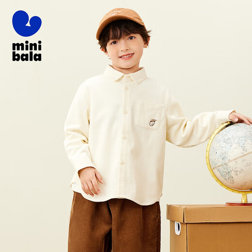 Mini Balabala, the same style in the mall, boys' pure cotton corduroy spring new retro long-sleeved shirt, milk white 10504 140 cm