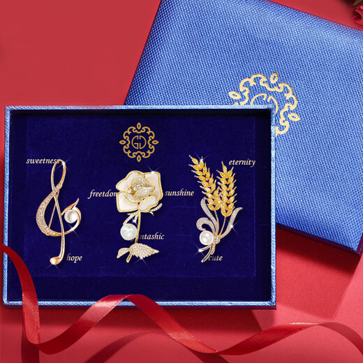 Ancient brooch, high-end women's exquisite niche corsage gift box, light luxury and elegant pin, silk scarf buckle birthday gift for women, practical temperament and fashionable brooch 3-piece set