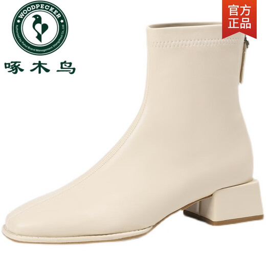 Woodpecker Short Boots Women's Boots 2024 New Spring and Autumn Martin Boots Women's Chelsea Boots Nude Boots Mid-Cylinder White Slim Boots 35 Black - Single upgraded