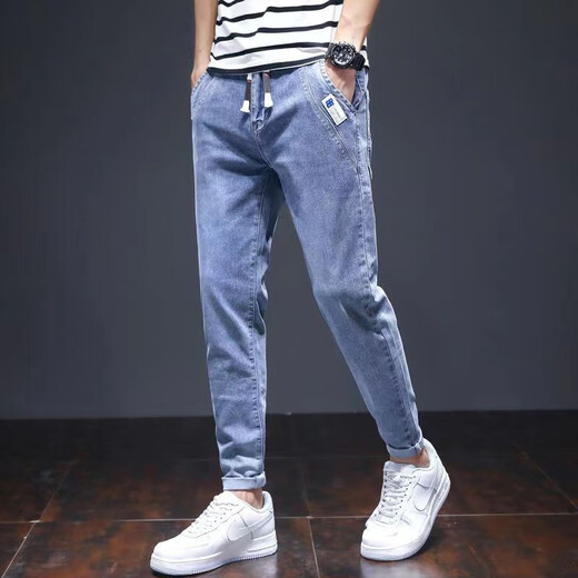 Tang Hao's work pants work elastic waist jeans men's harem pants summer thin men's wear-resistant casual pants light blue XL