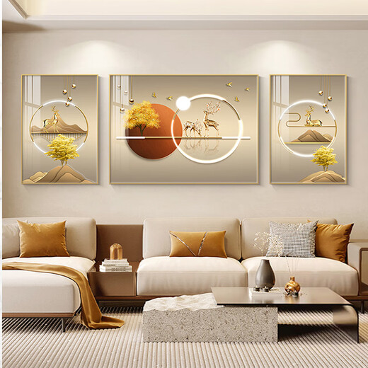 美优淳轻奢福禄客厅装饰画沙发背景墙挂画现代简约大气三联画高档壁画 JD14225福禄昌盛 左右60*80中110*80 晶瓷镶钻铝合金金框