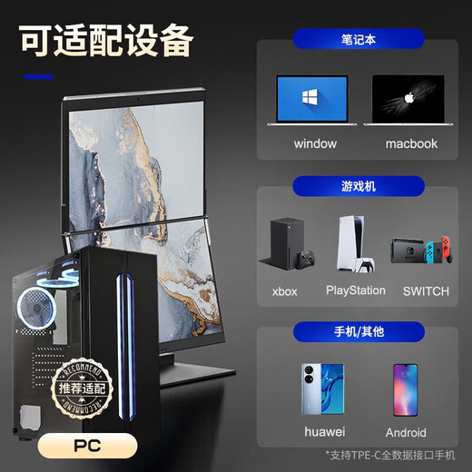 GEMINOS dual-screen display 2K portable screen touch screen external laptop expansion screen secondary screen design office game stock trading all-in-one folding desktop computer display dual 24-inch/1080P/60Hz/driver-free/non-touch