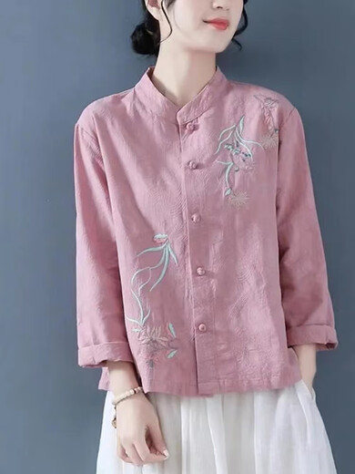 温莱蔓莎小个子女士棉麻衬衫女春秋长袖亚麻上衣中式盘扣茶服刺绣薄款衬衣 蓝色 [少量现货] L 建议901105斤