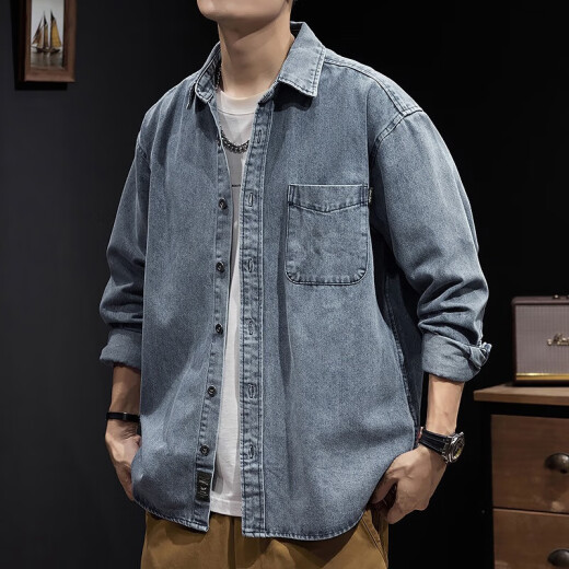 罗蒙牛仔衬衫男士秋季户外重磅工装外套春秋季美式蓝色耐磨纯色上衣男 Z757蓝色 XL