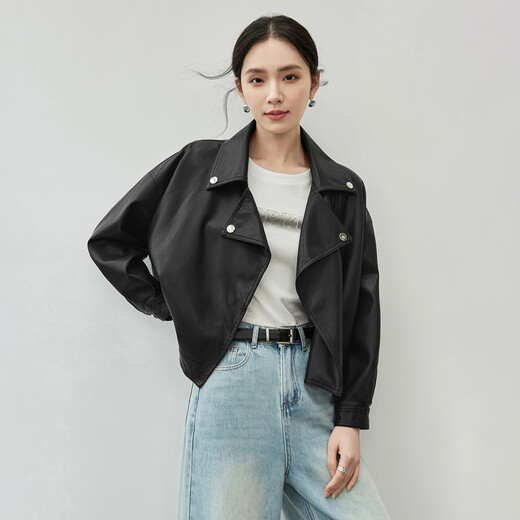 尚都比拉尚都比拉时尚机车风皮衣秋季休闲女士短款外套小个子上衣 黑色 M 