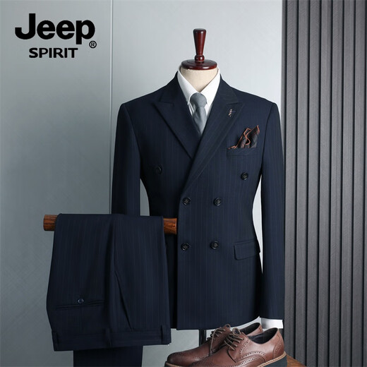 JEEP SPIRIT Jeep suit men's suit wedding double-breasted British lapel groom engagement slim striped formal suit blue (suit + trousers) XL/52 (125-135Jin Jin equals 0.5kg)