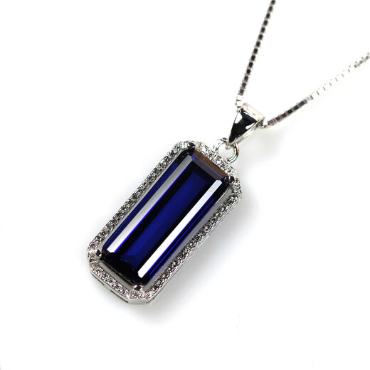 Fat Donglai's same style tanzanite sapphire long pendant for women, silver blue colored gemstone rectangle, white gold (main stone 8X20mm) with chain 40cm