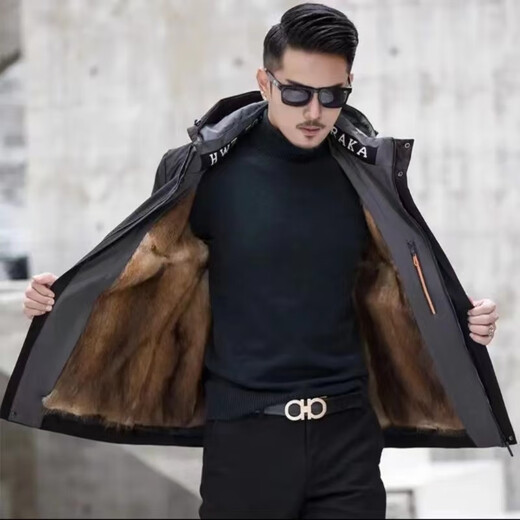 Jiang Yu Men's Park overcomes real mink hair whole mink hair removable blue root mink hair golden mink hair men's fur genuine leather and fur black outer coat blue root mink inner liner mink 2XL 54 size (140 Jin [Jin equals 0.5 kg] to 155 Jin [Jin equals 0.5 kg]