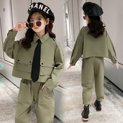 Weinetutu girls suit spring and autumn 2022 spring new Korean style children's suit fashionable work clothes shirt jacket trousers little girl casual two-piece suit 3-15 years old trendy army green 150 size recommended height around 140CM