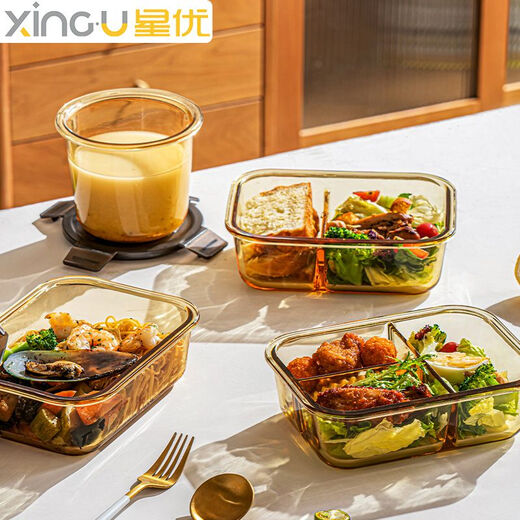 
Leliff Glass Lunch Box Microwave Special Heating Lunch Box Office Worker Transparent Fresh Box Separation Large Capacity Meal Bowl With Lid [Two-piece Combination] Round 1050+ Round 650 Tea-colored Borosilicate [High Quality Lunch Box]
