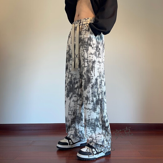 Rubink American tie-dyed casual pants for men in autumn and winter new drawstring wide-leg pants loose plus velvet straight sports pants black XL (recommended 125-135 Jin Jin equals 0.5 kg)