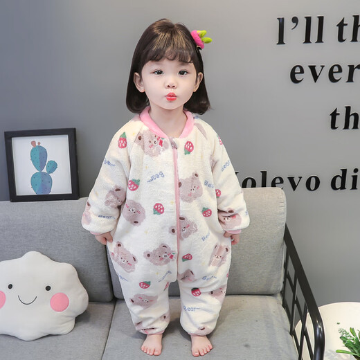 Papi Monkey children's one-piece pajamas coral velvet baby girl autumn and winter plus velvet thickened flannel crawler cartoon baby sleeping bag pink double layer 90 size recommended 1-2 years old (height around 85)