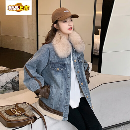 
Lamb-wool denim jacket for women in winter Korean style casual loose plush thickened wool collar cotton jacket parka warm blue wool collar/detachable L