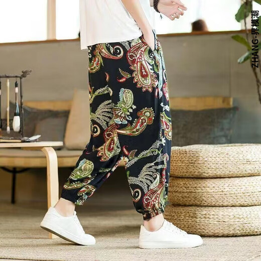 界模潮裤子男夏季复古印花哈伦灯笼裤潮牌宽松束脚休闲九分裤中国风裤子 C318-图色 4XL