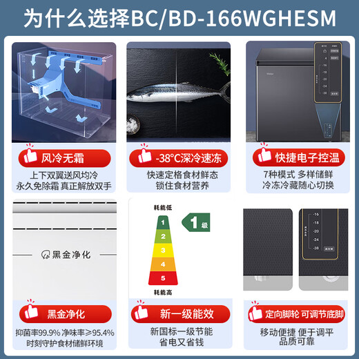 Haier 166 liter single temperature household freezer air-cooled frost-free minus 38 degrees ultra-low temperature small seafood preservation first-class energy efficiency quick freezer BC/BD-166WGHESM