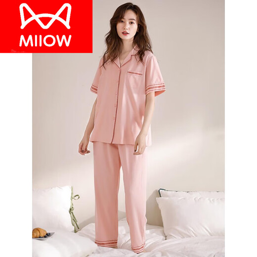 Catman (Miiow) Conjunto de ropa para el hogar Summer Pure Sleewer pantalones de manga corta 2025 Nuevo algodón delgado Pajamas de verano Mujeres 12044 Negro M
