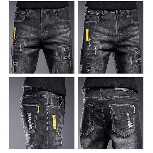 
AEMAPE jeans men's spring and summer slim elastic small feet casual long pants men's clothing 2025 black new trendy brand TJ_6636 black 31