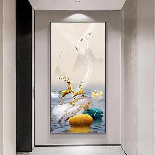 奥瀚轻奢入户进门玄关画装饰画走廊过道背景墙面挂画玄幻现代简约壁画 JD9711福禄进门 80*160 晶瓷铝合金黑框