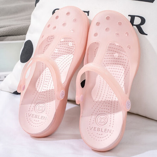 Veblen Croc Shoes Women's Summer Non-Slip Thick Sole Outer Slippers Soft Sole Flat Heel Baotou Sandals Crystal Jelly Beach Shoes Dark Gold 39 Regular Size Regular Shot