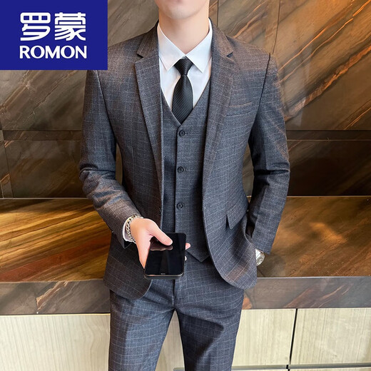 ROMON Men's Suit Korean Style Plaid Formal Casual Groom Wedding Suit Jacket Slim Groomsman Dress Blue Single Piece Suit Jacket with Tie M