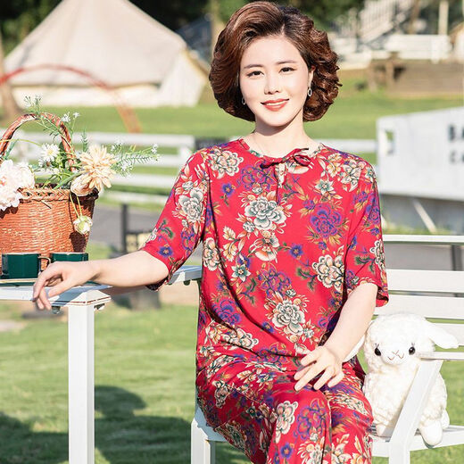 安梦影棉绸中老年女装中袖棉绸套装大码中老年夏季衣服女时尚妈妈装两件 橄榄绿 9226 25 3xl 1-140斤