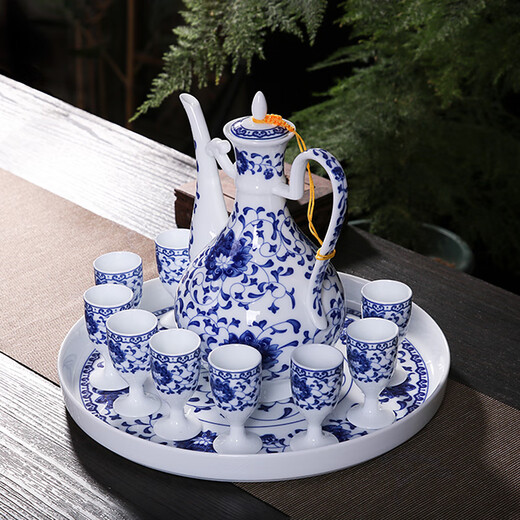 Xihe Yinyao Xihetang Jingdezhen Ceramic Wine Set Liquor Goblet Spirit Cup Blue and White Wine Pot Set Wine Cup Guiguzi Style (1 Pot, 10 Cups, 1 Tray)