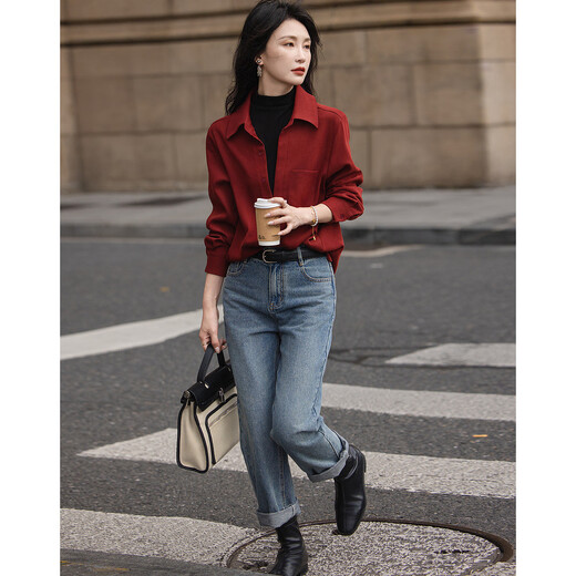 Demana Commuting Layer Tool Spring and Autumn Retro 150D Brushed Shirt Lapel Long Sleeve Shirt Women's Top