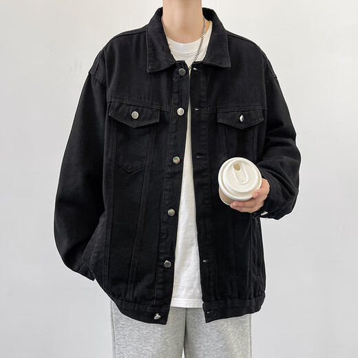 Dingfengbaoluo casual workwear denim jacket men's autumn and winter casual loose retro lapel versatile jacket HL38 black XL