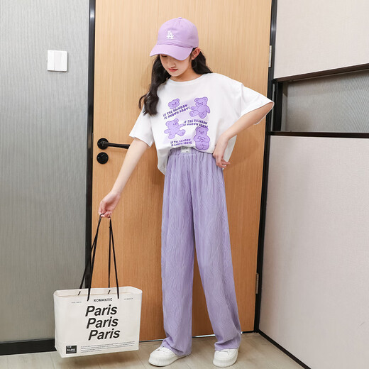 NICKYBABY女童夏季短袖套装2025新款洋气时髦童装中大童儿童两件套休闲夏装 15009紫色+9905白色【套装】 120
