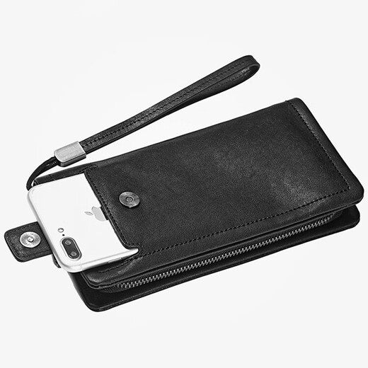 
ManniQSON brand wallet men's long clutch bag genuine leather large capacity trendy mobile phone bag business versatile change card bag black