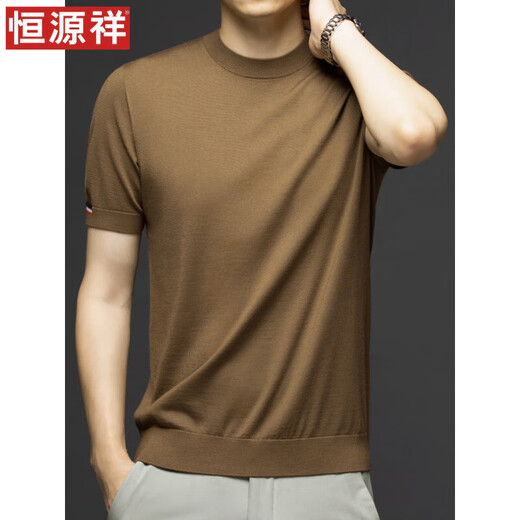 Hengyuanxiang thin worsted short-sleeved wool sweater for men 100 pure wool round neck sweater for men middle-aged knitted bottoming shirt spring and autumn 262_bright brown M