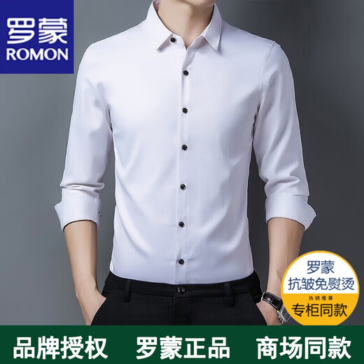 罗蒙长袖衬衫男秋冬季男士衬衣无痕中青年春秋高档免烫上衣商务弹力 上青色 XL（125斤-140斤）