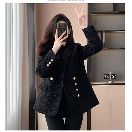 皮尔卡丹（pierre cardin）小香风西装女外套2025新款设计感显瘦轻奢减龄加棉加厚秋冬款外套 黑色 加厚 M 建议95-108斤