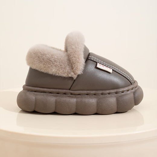 哈肥猪亲子冬季棉拖鞋男女童踩屎感软底防滑PU防水皮面家居加绒保暖棉鞋 三角T-藏青 34 -35内长21CM