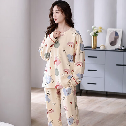 Mandelefin 2024 Neues Pyjamas für Frauen im Frühjahr und Herbst Pure Cotton Long Sleeve High-End-Gefühl können außerhalb des Frühlings dünne Heimkleidungsset Q6630 XL getragen werden [geeignet für 120-140jin [Jin gleich 0,5 kg]]]