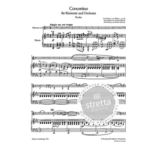 Weber Clarinet Concerto in E-Flat Major Op26 mit Klavierbegleiter Big Bear Original Music Score Buch Weber Concertino in EB Major Clarinet EB1585