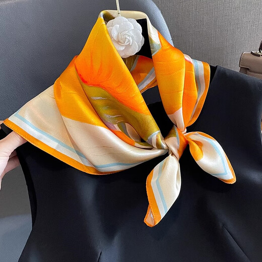 Story Life Mulberry Silk Chinese Style Lotus Fashion Silk Small Square Scarf Women's Scarf Spring Summer Autumn Korean Style Girlfriend's Neck Protection Scarf Orange Gradient 53*53cm
