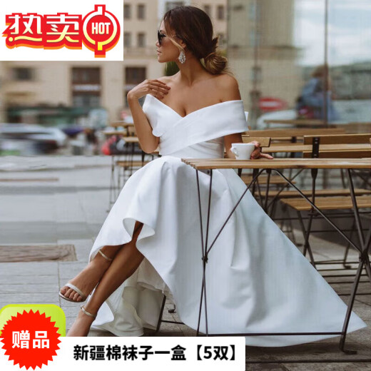 abqd carefully selects European and American wish satin wedding dresses, one-line collar, elegant and simple off-the-shoulder dress for women, white [returns are not supported for reservations] S [returns are not supported for reservations]