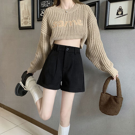 FOX.G black shorts for women for autumn and winter casual loose leggings showing long legs for girls women's commuter suit pants black button elastic waist woolen shorts without belt M recommended 100-115 Jin Jin equals 0.5 kg